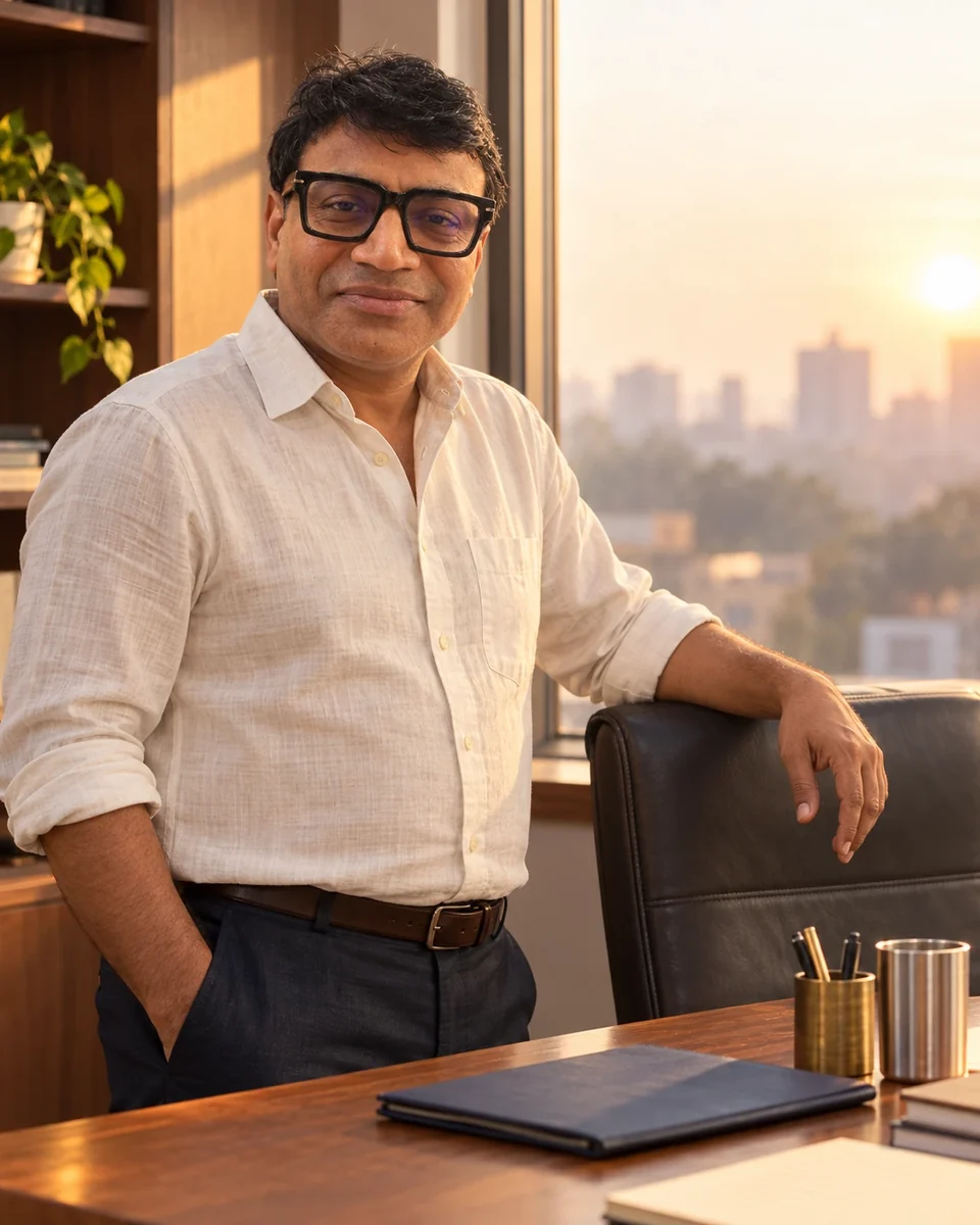 The founder at his office window with a city skyline at sunrise behind him