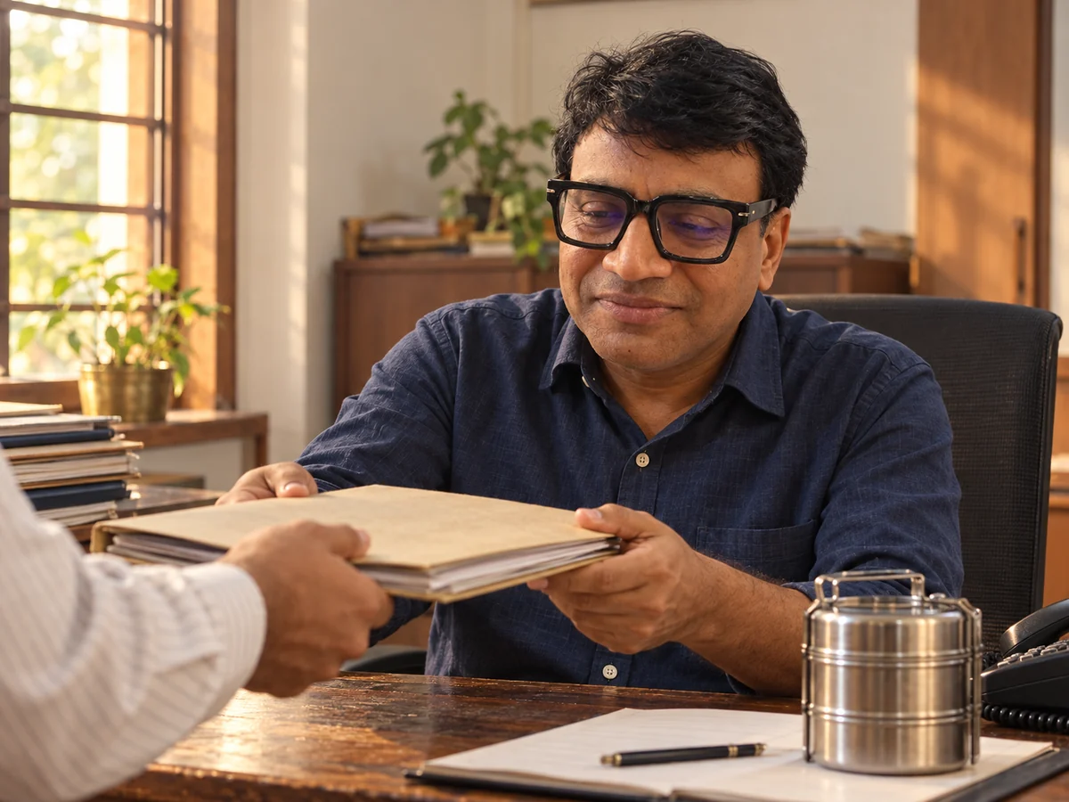 A man receiving a folder across a desk from a client at a business office
