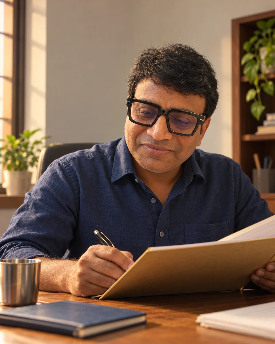 The founder reading a client folder at his desk in early morning light