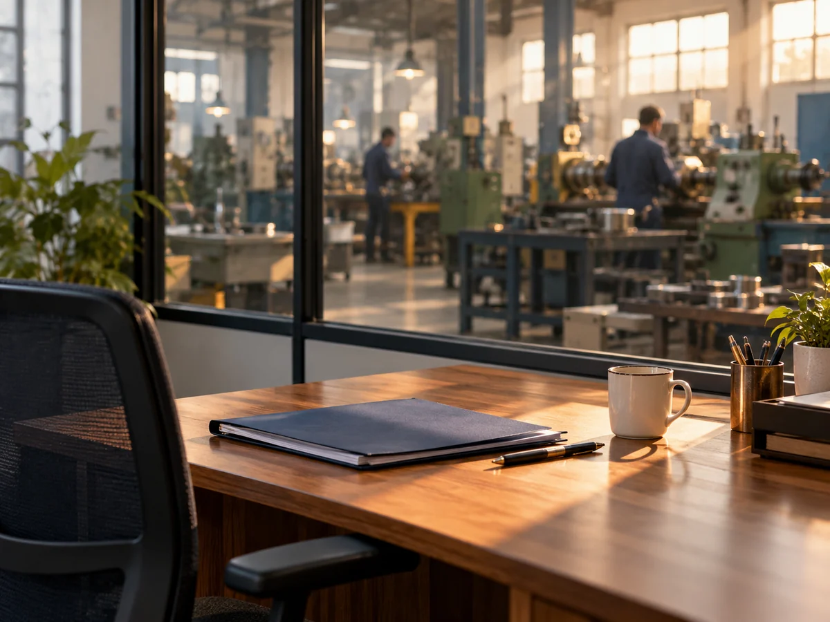 A desk with a folder beside a glass wall onto a small factory floor