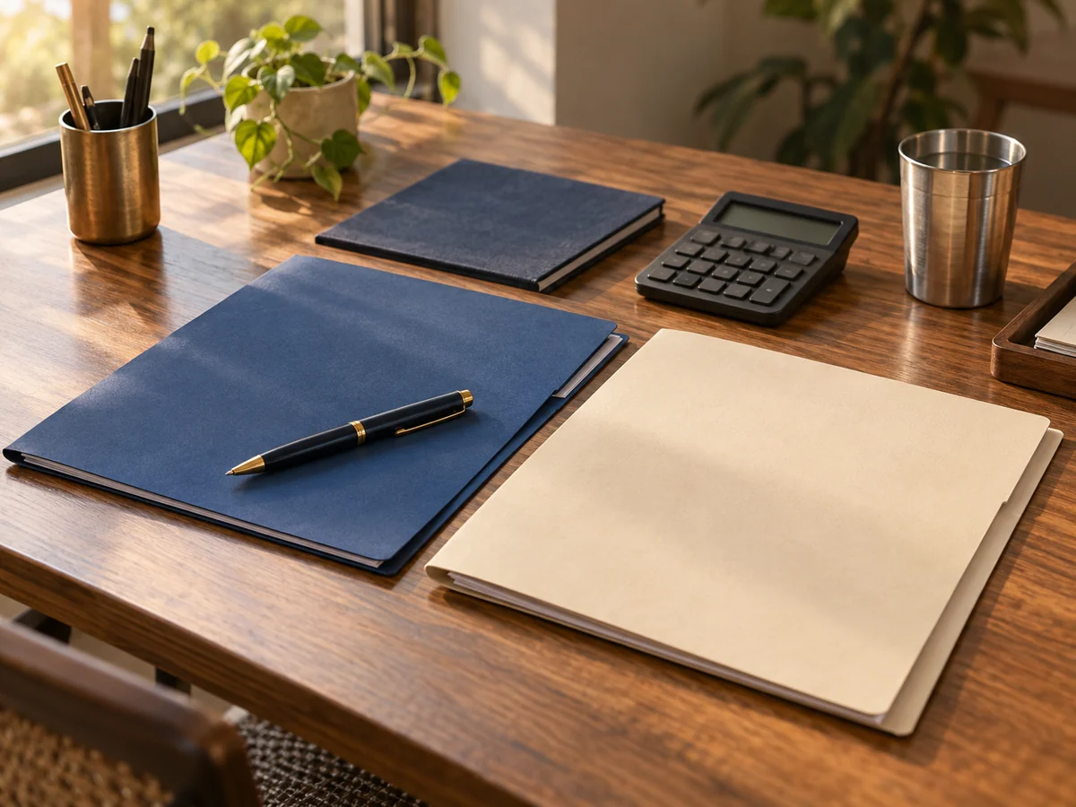 Two folders side by side on a desk with a pen and a calculator