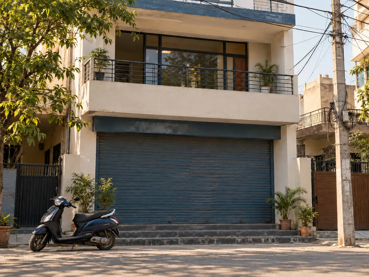 A two-storey commercial building with a shuttered shop and an office above