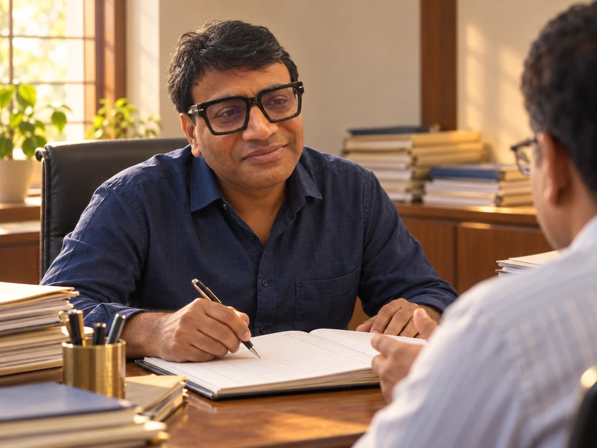 A man writing in a ledger across a desk from a colleague